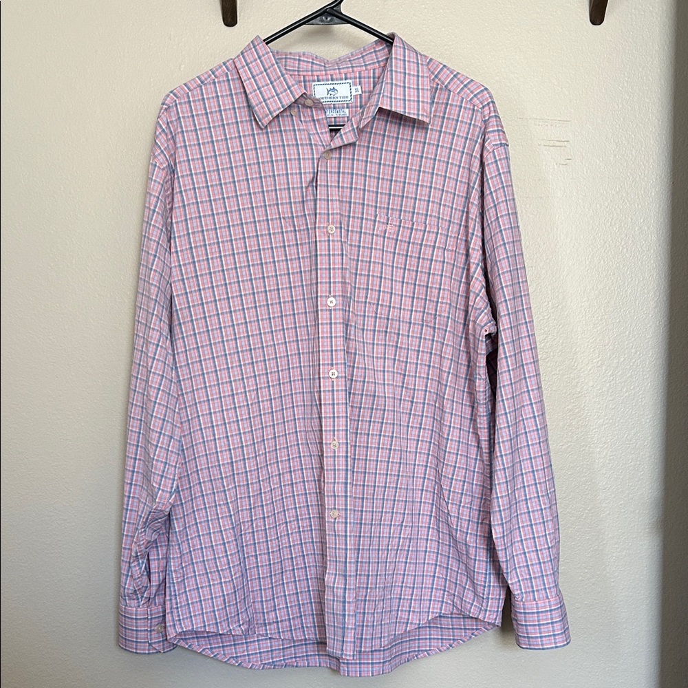 Southern Tide Intercoastal Button Down Coral and Blue Plaid Size XL